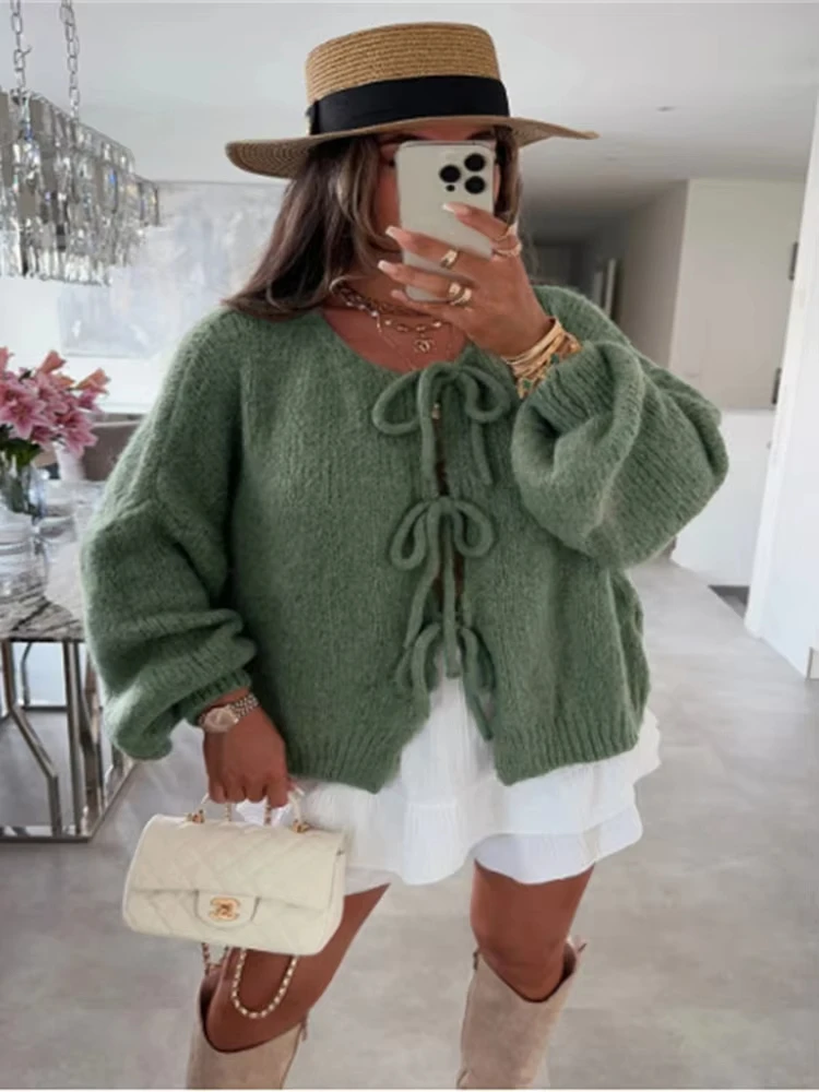 Knitwear Lace-Up Hollow Out Cardigan Top Women's Patchwork Fashion Autumn High Street Clothes Knit Y2k Bandage Cardigan