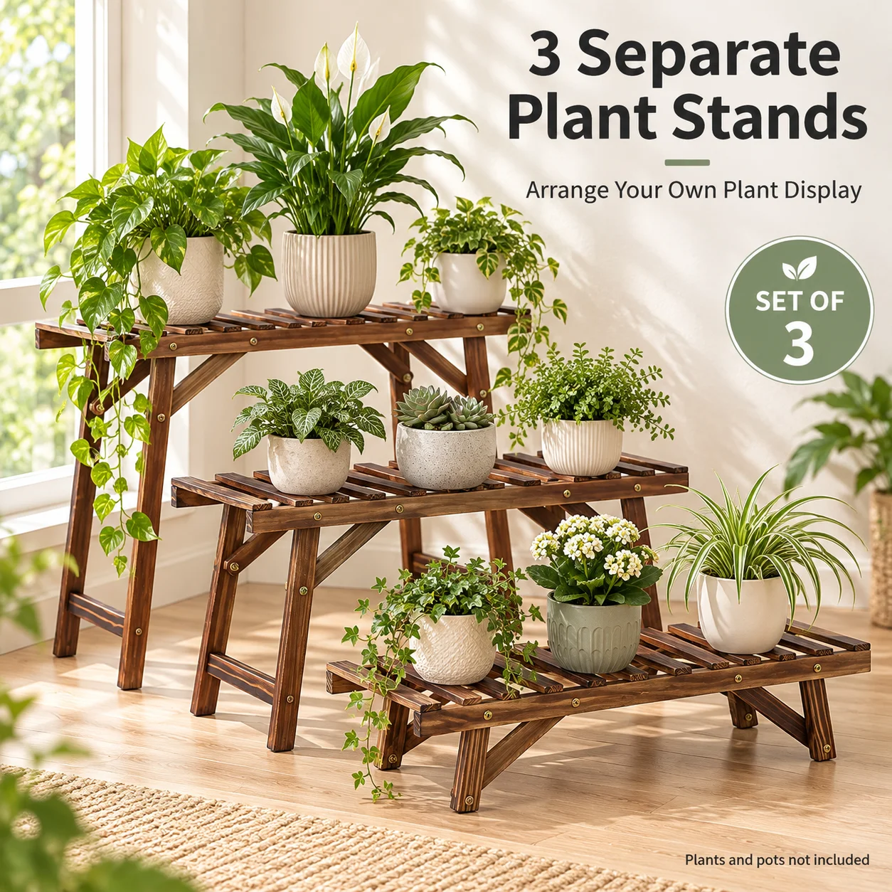 Wooden Plant Stands Set of 3, 70cm Wide Pine Wood Plant Shelves for Living Room and Balcony