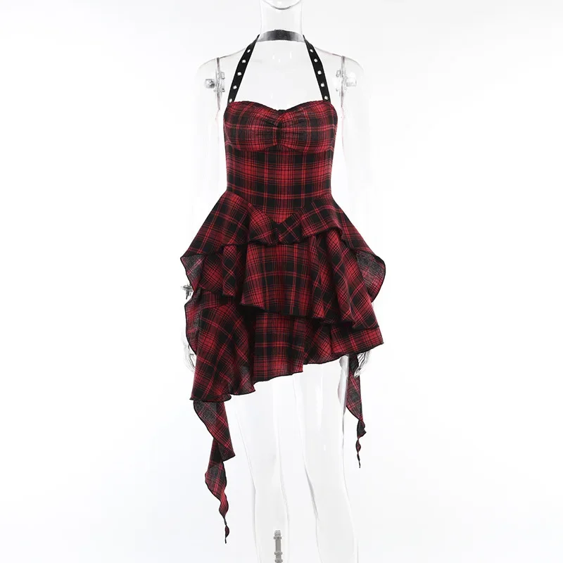Pop vermelho feminino punk grunge em camadas halterneck xadrez mini vestido fora do ombro bainha irregular y2k e-girl streetwear