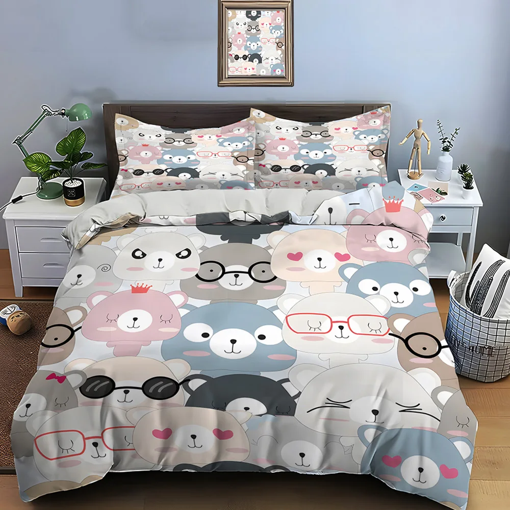 Cute cartoon bear pattern collection Bedding Set for Kids Luxury Gift 3pcs Digital Print Comforter Set Soft Comfortable