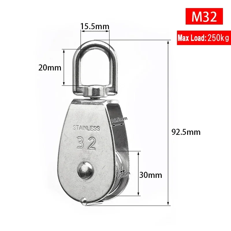 1PC M32 Single Pulley Block 304 Stainless Steel M15 M20 M25 M50 Single Wheel Swivel Lifting Rope Pulley Set Lifting Wheel Tools