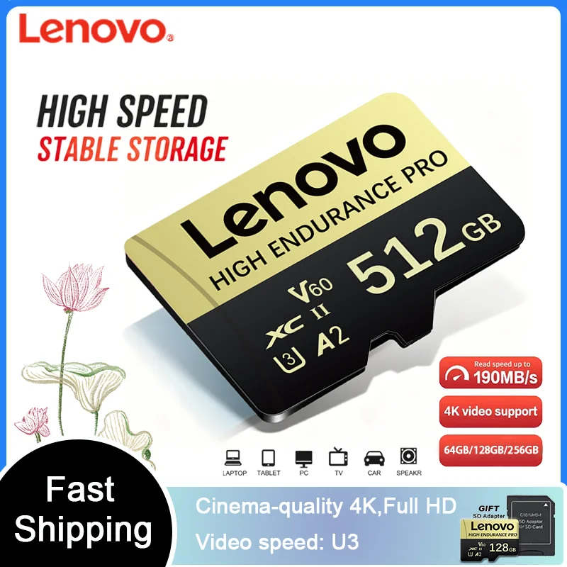 Lenovo High-Speed Micro SD Card UHS-I U3 Class 10 64GB/128GB/256GB/512GB Memory Card for GoPro DJI Smartphones