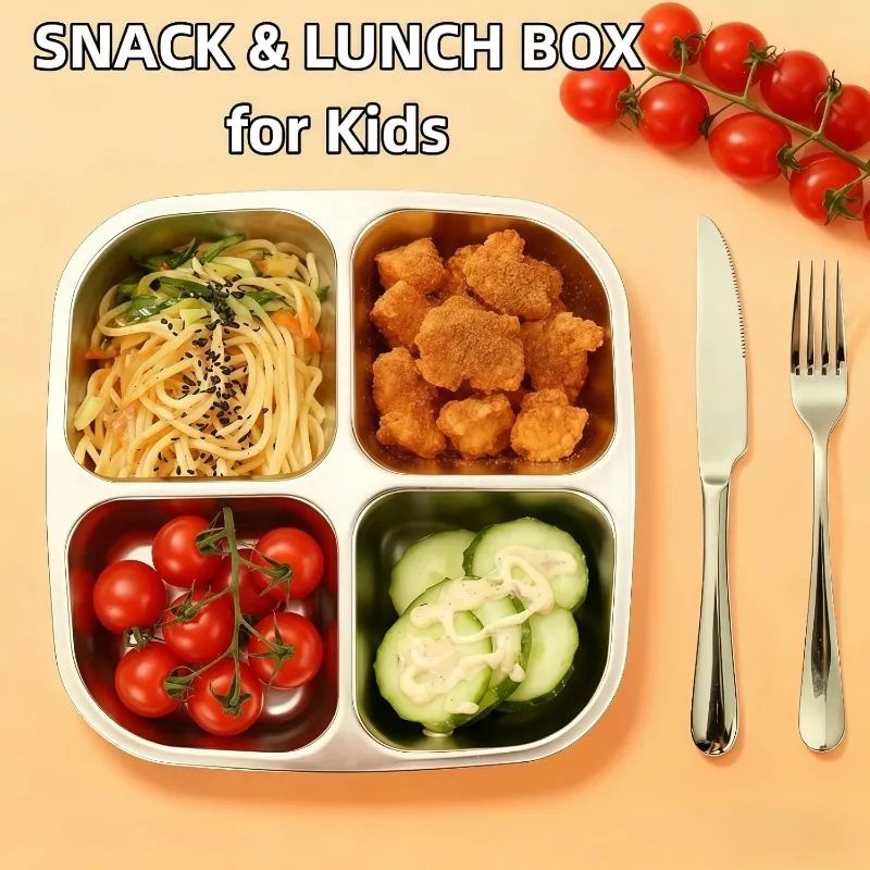 4-Compartment Stainless Steel Snack & Lunch Box with Lid - Heavy-Duty 304 Bento Container, Divided Meal Prep Tray for, Office