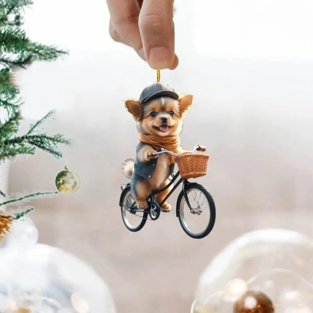 Playful Puppy Necklace Puppy Riding Bicycle Christmas Tree Ornaments Double-printed Acrylic Hanging Decorations for Home Family