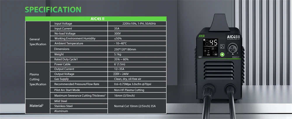 AIXZ AIC45II 220V 45 Amps Plasma Cutting Machine 60% Duty Cycle IGBT Inverter Non-HF Non-Touch Pilot ARC Air Plasma Cutter 2T/4T Cutting 1-16mm Greatly Improves Cutting Efficiency
