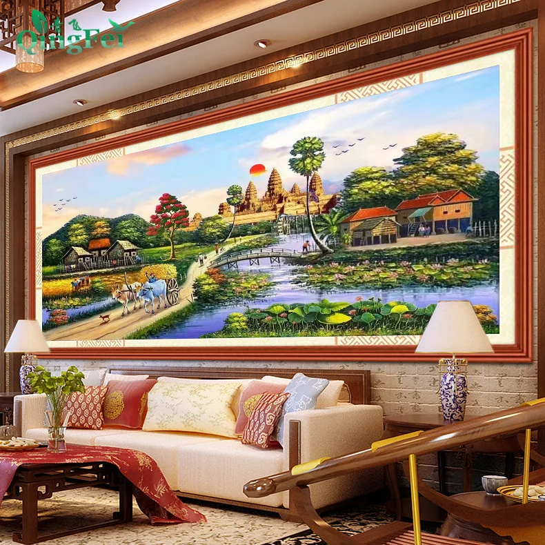 

Precision Printed Cross Stitch Kit Rural Autumn Harvest Water Town Cotton Fabric Lacape Pattern Living Room Wall Art