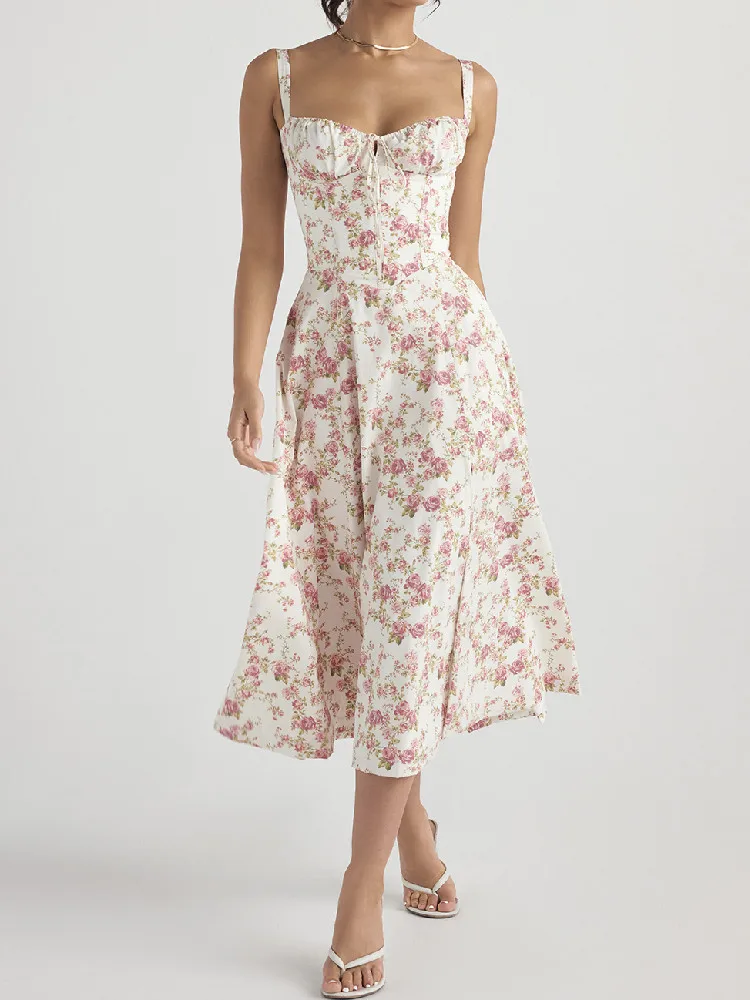 Sexy Cross Lacing up Bandage Back Flower Print Sling Dress Corset Style Bow Pleated Ruched Chest Hem Slit Swing Midi Robe