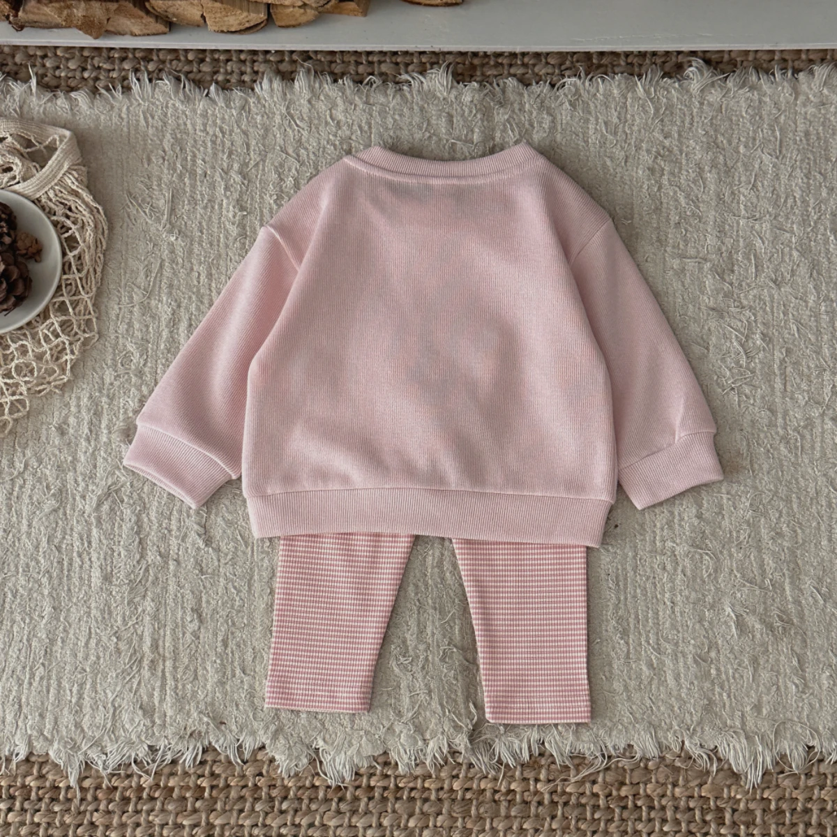 Baby Girls Angel Rabbit Towel‑Embroidery Sweatshirt Set, Infant Crew‑Neck Top Pink Gingham Leggings 2Pcs Outfit