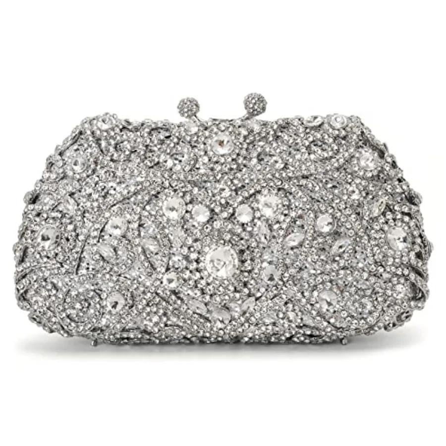 

Formal rhinestone crystal clutch evening wedding bag for women: elegant silver-tone hardware, black velvet exterior, sparkling