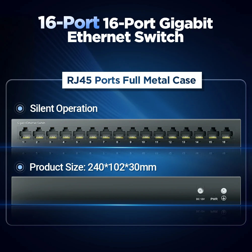 Imagem -05 - Ampcom Switch de Rede Inteligente 16 Portas Ethernet 1000mbps Gigabit Alto Desempenho Hub Rj45 Injector Internet