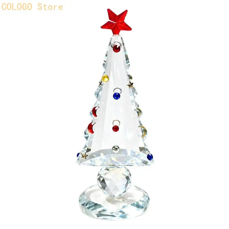 Five-Point Star and Colorful Ornamentation Define a Faceted Crystal Christmas Tree Figurine with Round Base for Shelf Display
