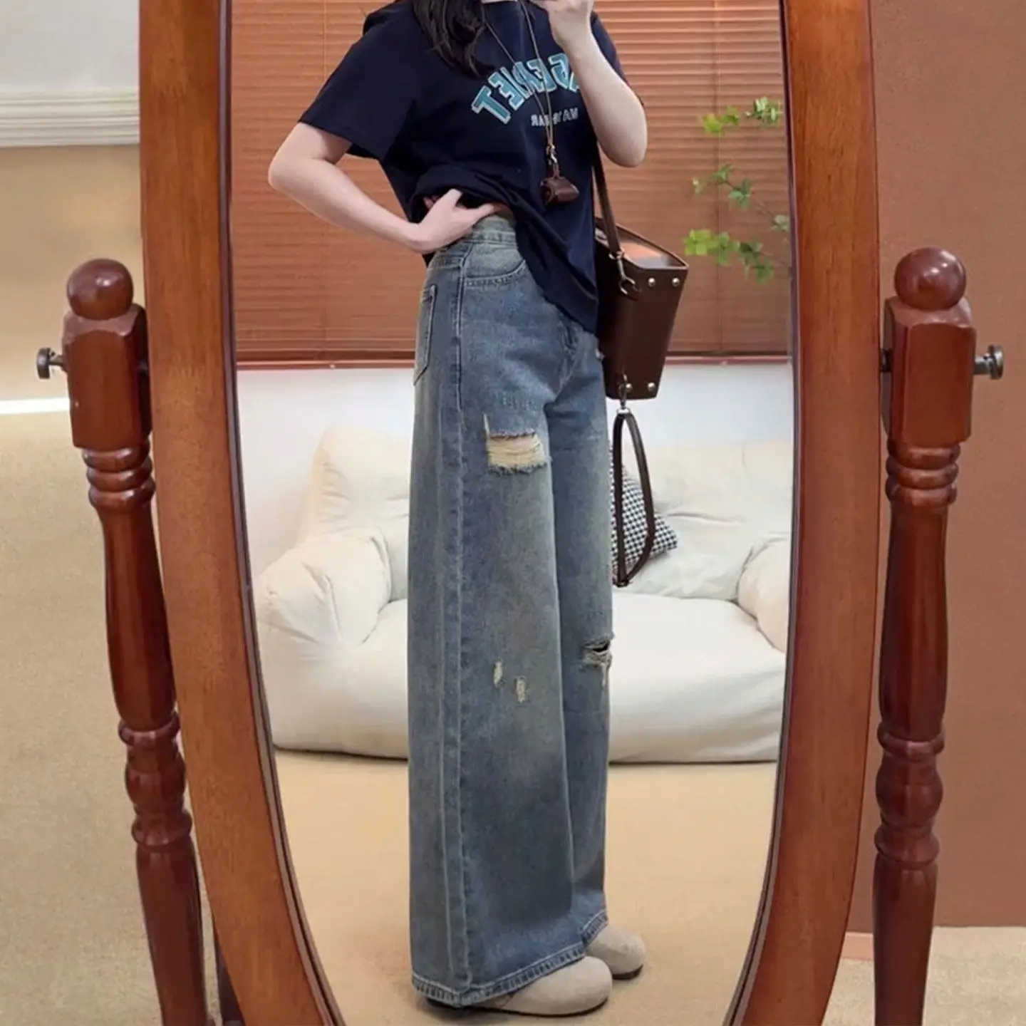 Retro High Waist Wide Leg Denim Jeans Women's Small Size Loose Casual Loose Straight Spring Pants Comfortable Breathable