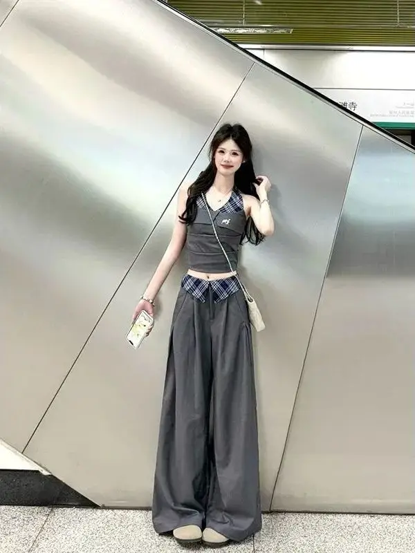 

Summer Breathable Fashion Set Beautiful Splice Neck Hanging Strap Top And High Waist Wide Leg Pants Two-Piece Set Women's Clo...