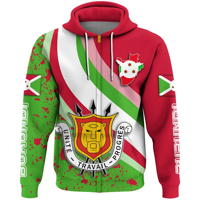 

Burundi Flag Map 3D Print Zip Up Hoodie For Men Casual Boy Tracksuit National Emblem Pullovers Africa Country Hoody Sweatshirts