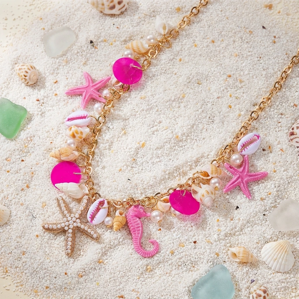 Y2K Einzigartige Ozean-Themen-Halskette für Frauen, goldfarbene Kette, Seepferdchen, Seestern-Anhänger, minimalistischer Schmuck, Dopamin-Geschenk, Party – Detail 3