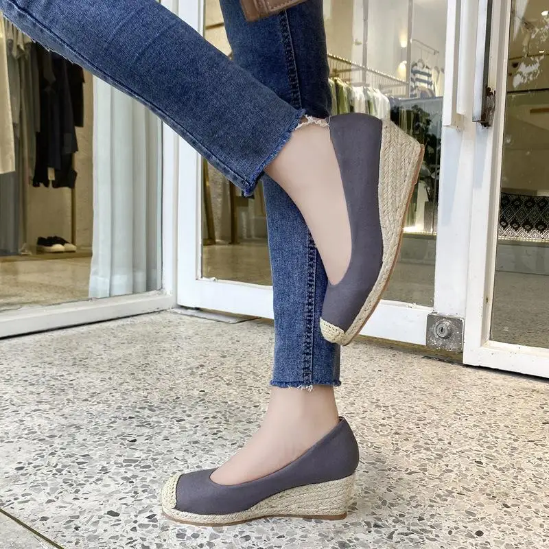 

Versatile St Woven W Heel Canvas oes Women's 2020 New Season Slip-On High Heels Low Cut Rubber Sole Color