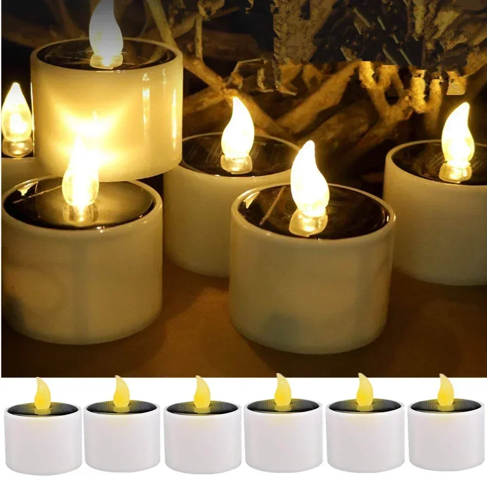 Velas solares de luz, 6 uds., vela, luz de té, velas parpadeantes sin llama, luz nocturna LED Solar electrónica, lámpara de vela Solar para jardín
