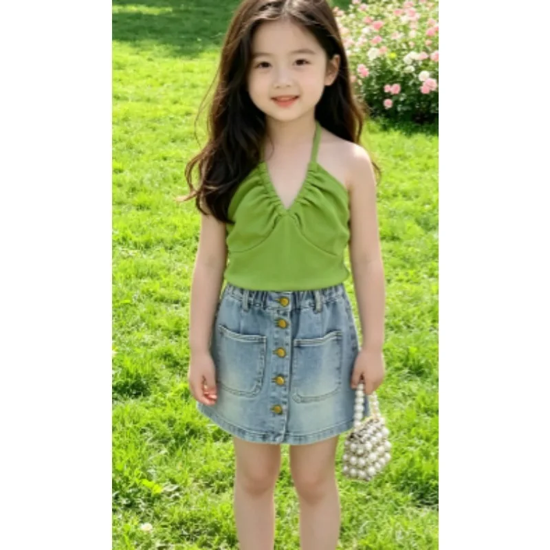 Summer Cool Baby Girls' Spicy Style Backless Vest, Bottom Hanging Neck Button Denim Skirt Pants Set