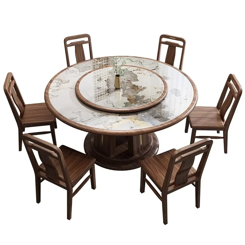 

New Chinese style solid wood dining table and chairs, household ebony rock slab dining table