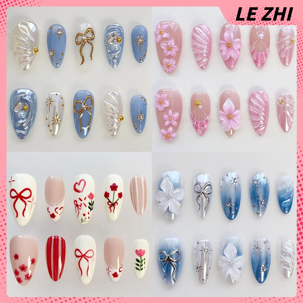 

10Pcs Spice Girl Long Almond French Handmade Wearable Press On Nails Bowknot Flowers Water Ripples Diamond Pearl Full Cover Nail