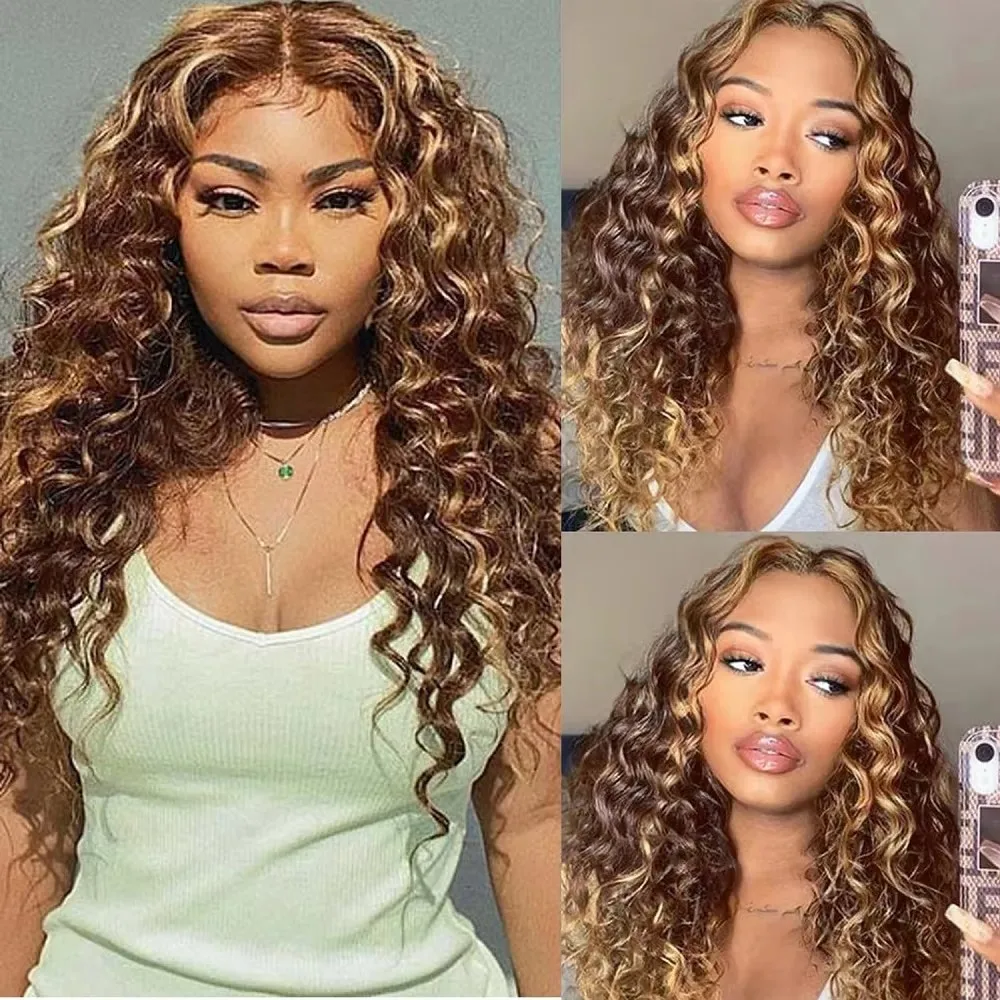 4/27 Highlight Echthaar-Perücken mit Tiefenwellen, 13x4, 250% Dichte, HD Lace Frontal Perücken, Brasilianisches Jungfrauenhaar Lace Perücke für Frauen