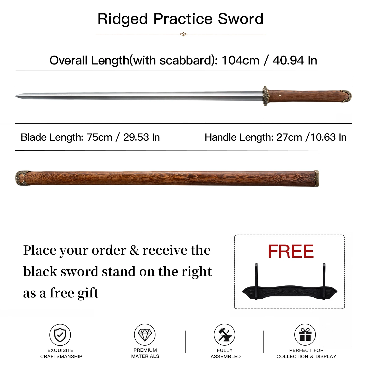 Chinese Tang Jian Practice Sworrd Wenge Wood Scabbard Martial Arts Training Collectible Decorative Sworrd