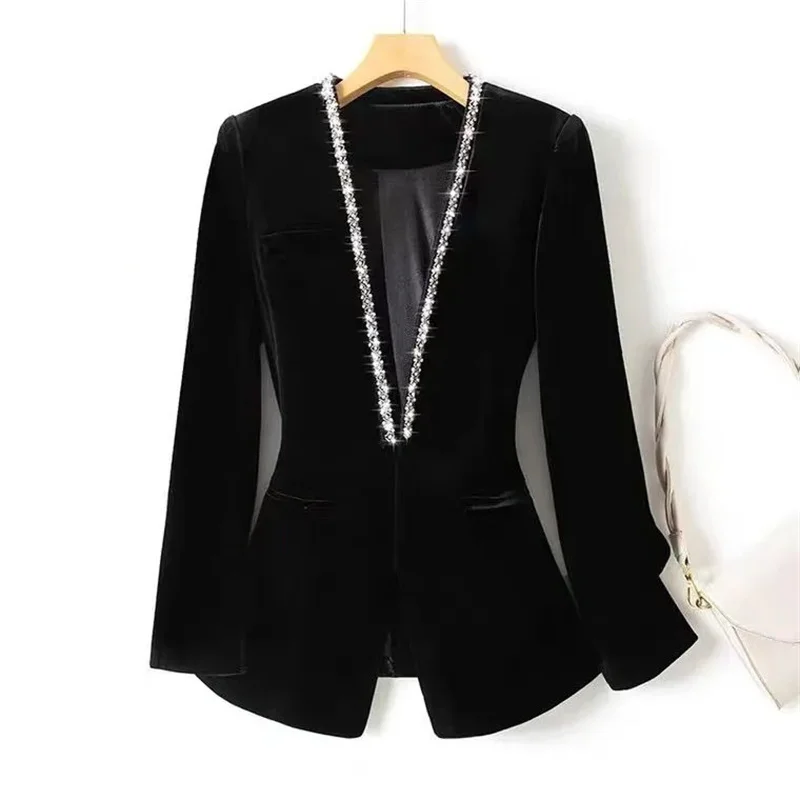 Gold velvet beaded Women Blazer 2024 New Korean Fashion Autumn Long Sleeve Office Work Blazers Lady Jackets Coat Female Tops