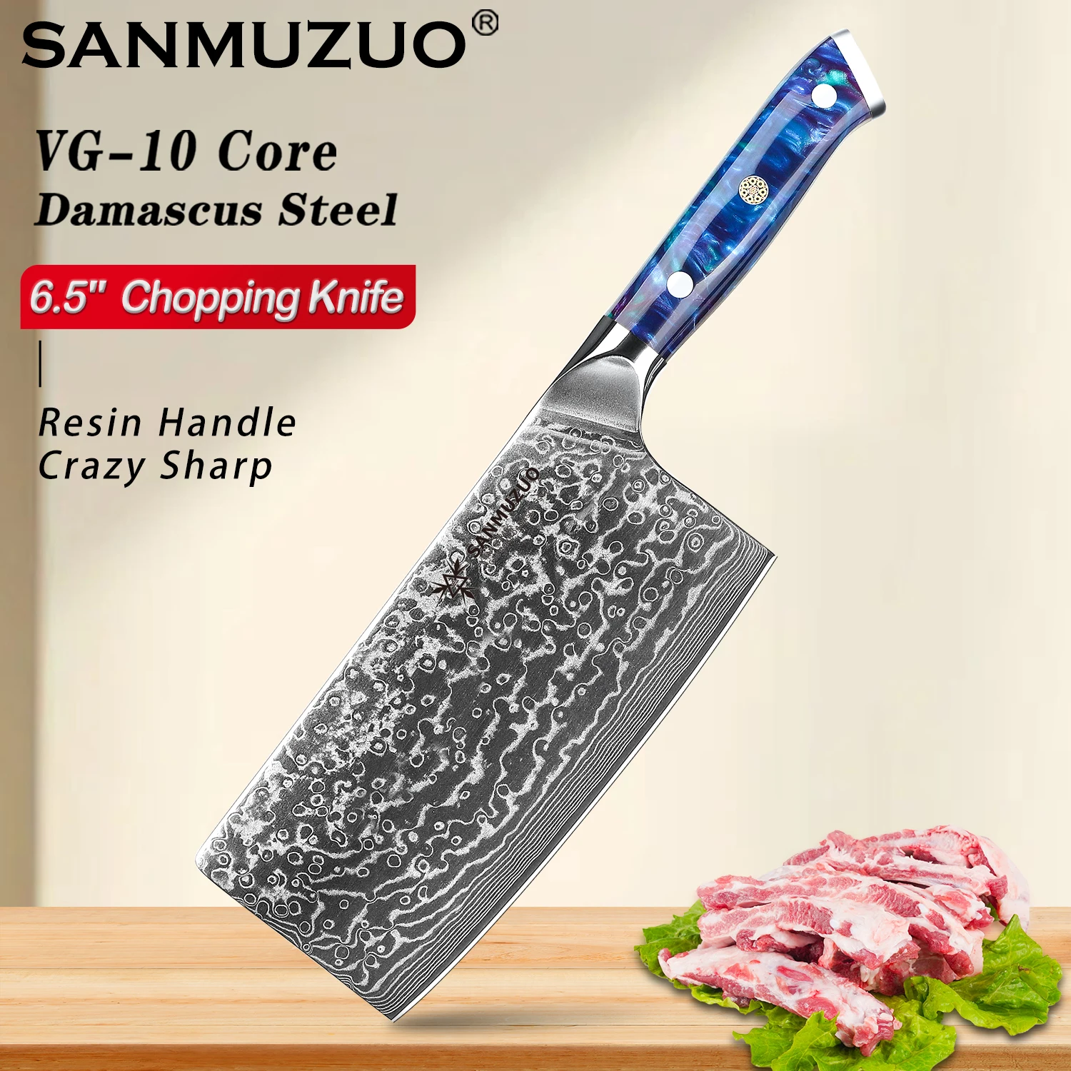 

SANMUZUO Chinese Chef Knife - 7" Cleaver Knife- Xuan Series - VG10 Damascus Steel Kitchen Knife - Resin Handle （BLUE）
