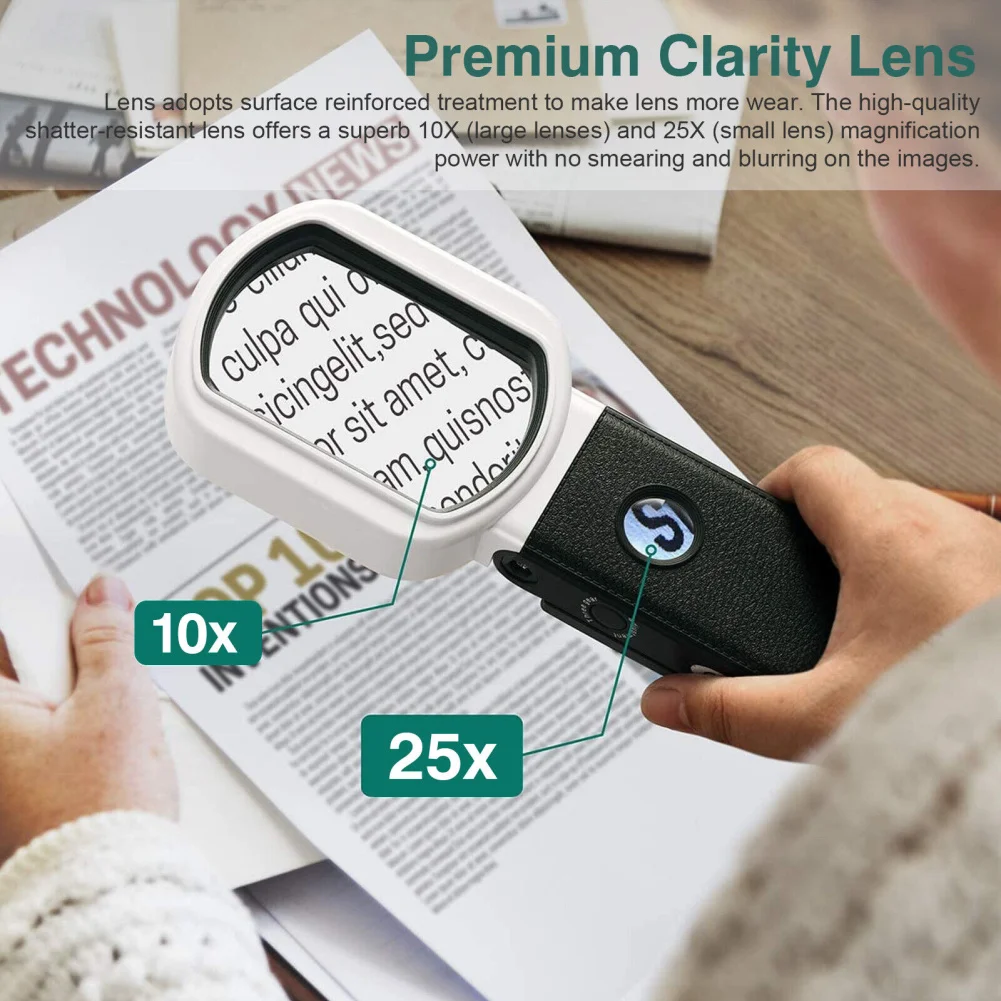 25X 10X Handheld Magnifier Battery USB Powered Rechargeable Illuminated Magnifying Glass With 9 LED Light 2 UV Lights