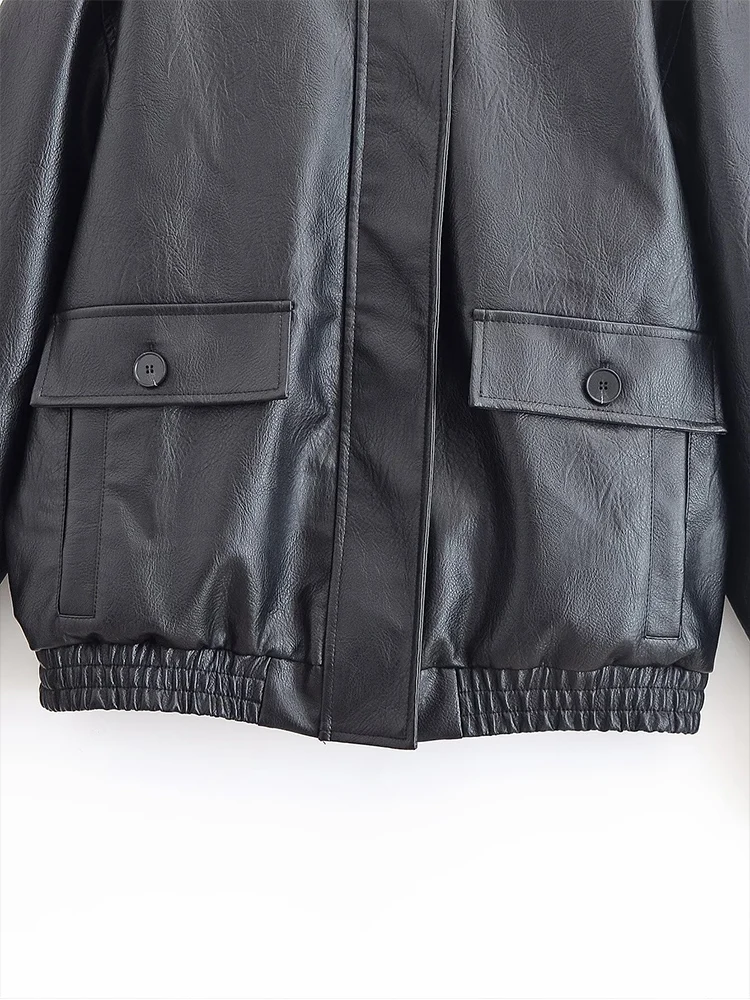 European style new women's fashion versatile temperament loose pocket imitation leather pilot jacket leather coat