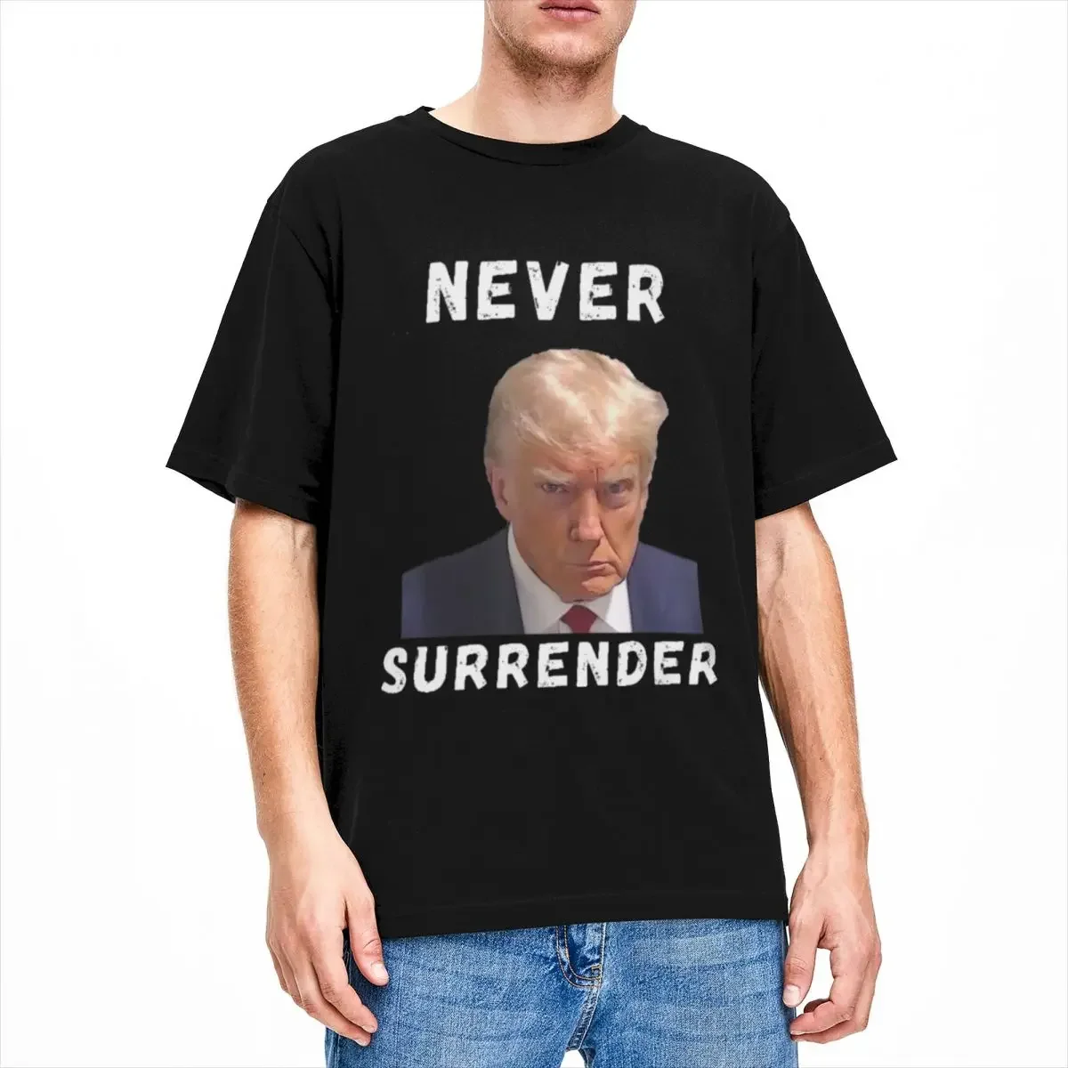 Men Women Trump Never Surrender T Shirt Merch Mug Shot Free Trump Cotton Tops Cool Short Sleeve Crew Neck Tees Gift Shirt