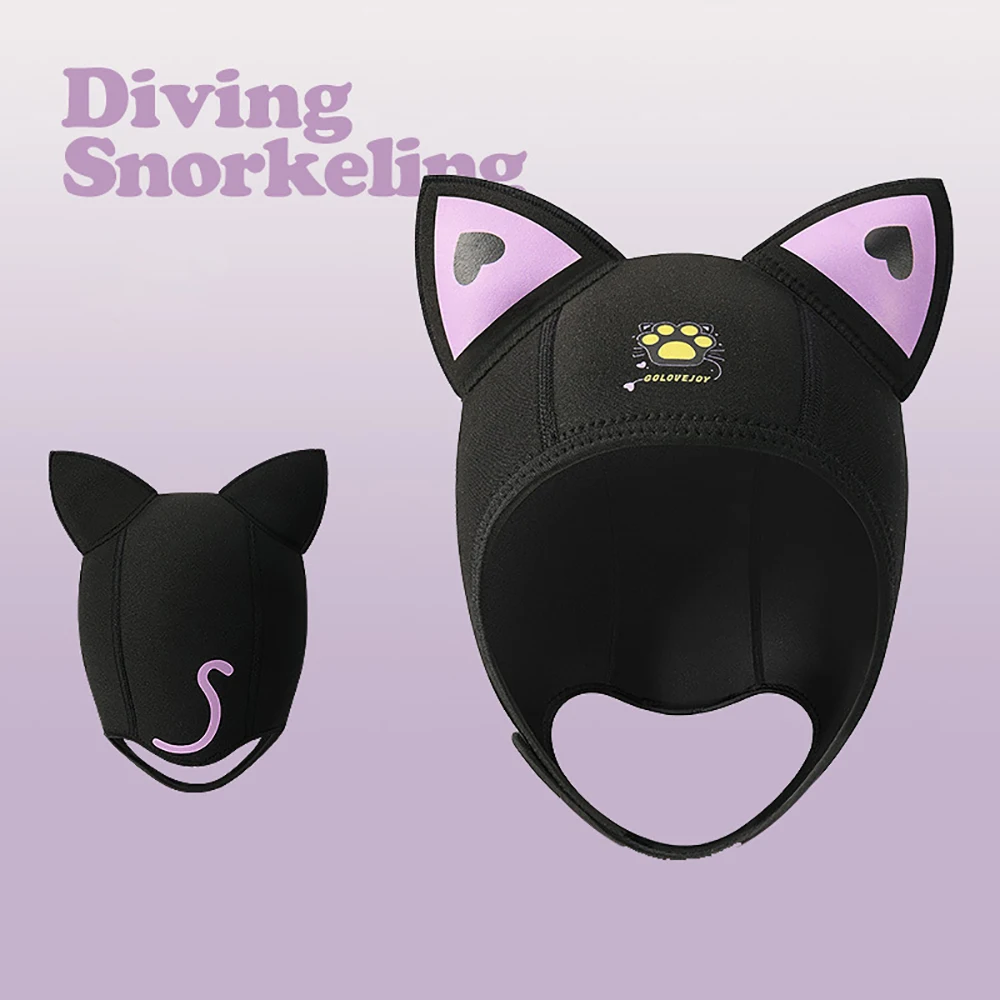 3MM Neopren Tauchen Haube Mit Kinn Riemen Frauen Nette Katze Ohren Wasserdichte Hut Neoprenanzug Haube Schwimmen Schnorcheln Kappen – Detail 3