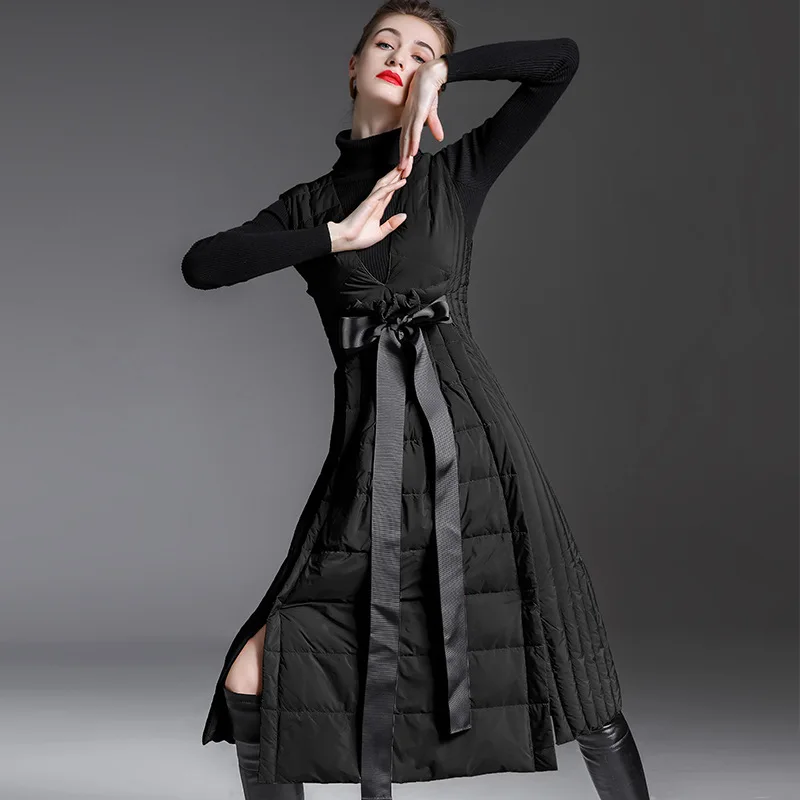 Autumn Winter High Quality Trend New Slim Fit White Duck Down Dress Women's Irregular Hem Down Dress Sleeveless Long Warm Vest