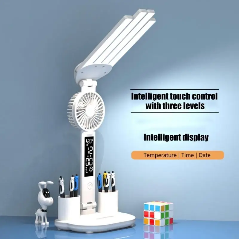 

LED Desk Lamp with Fan And Clock Display Portable Reading Lamp For Study Room Office Reading Eye Lighting M4YD