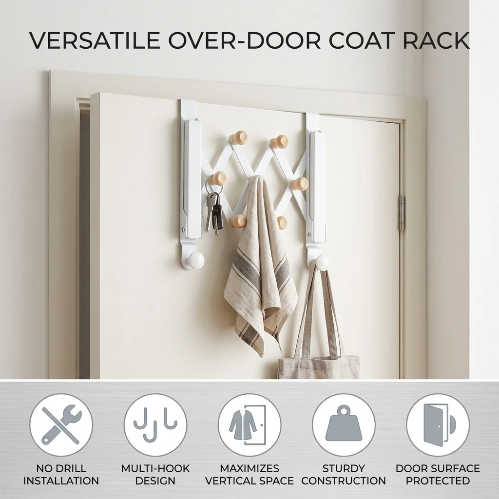 Sturdy Over Door Hooks Organizer Rack Space Saving for Bedroom Dorm Office No Drilling Plastic Coat Hanger Durable White view 3