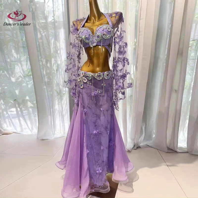 Bauchtanz-Kleid für Erwachsene mit Strasssteinen, High-End-Mesh, Blumenstickerei, professionelle Samba-Kleidung für Damen