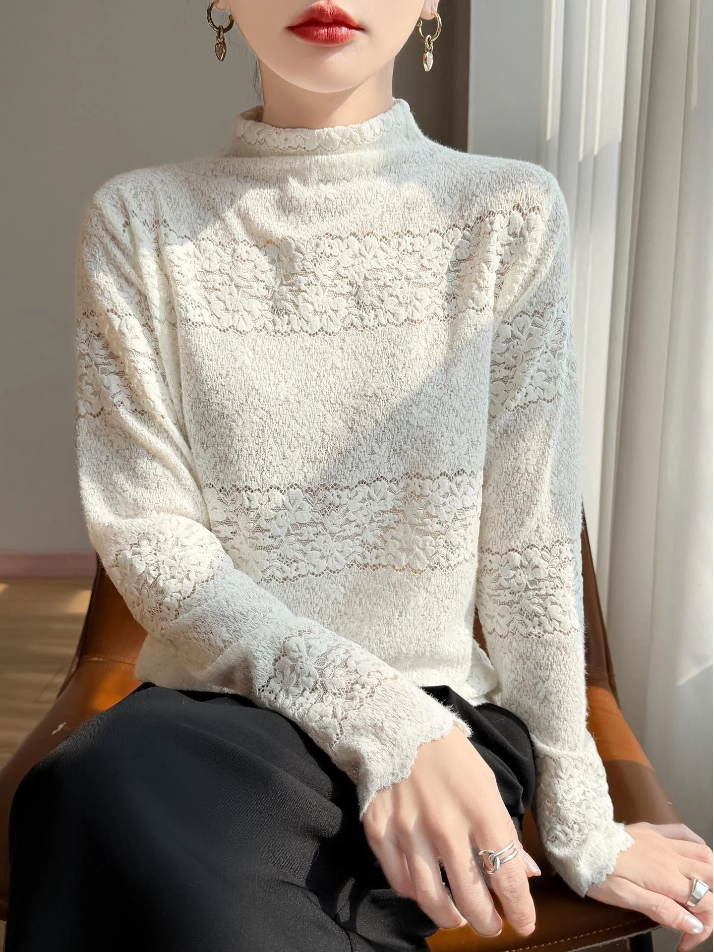 

Французский вязаный свитер с кружевом и длинными рукавами, женский, с высоким воротом, мягкий, уютный, базовый слой, теплый, с цветочным узором