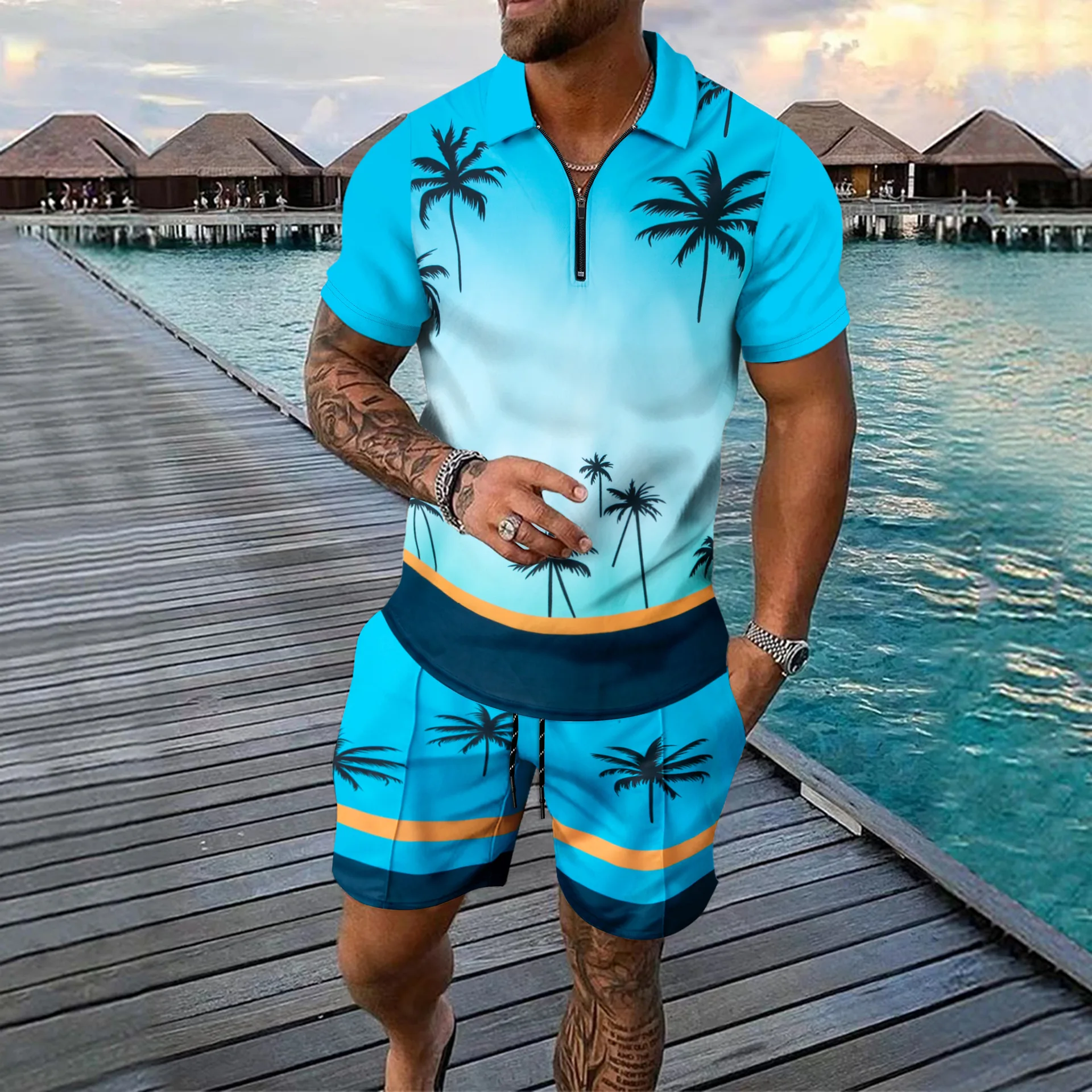 

New men's Hawaiian coconut tree outdoor beach zipper short-sleeved shirt and shorts set