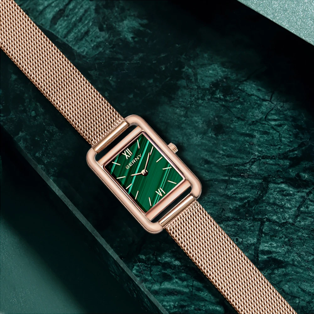 BERNY Miyota  Womens Gold Quartz Watches Top Brand Luxury Ladies Ultra-thin Fashion Rectangular Green Waterproof 30M Wristwatch