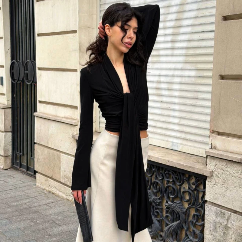 

Tsiisd Commute Shoulder Pads Lace-Up Blouse T-Shirts Women V Neck Long Sleeve Silky Elegant Fashion Shirt Knitting Women's Tops