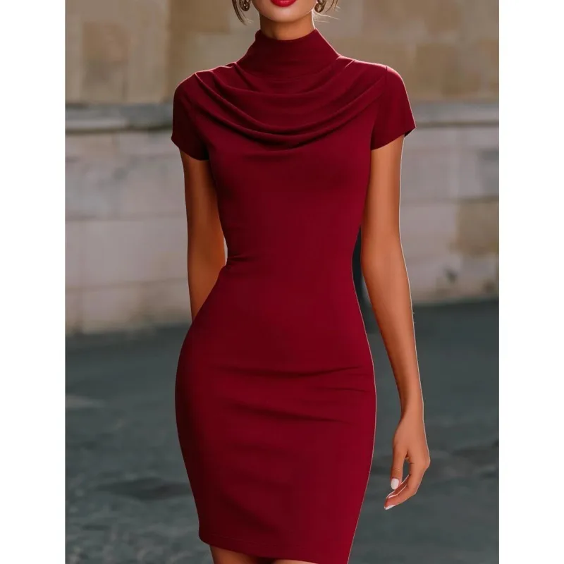 

Women's Bodycon Dress Slim Waist Heaps Collar Short-sleeved Solid Elegant Party Dresses Valentines Going Out Club Night Outfit