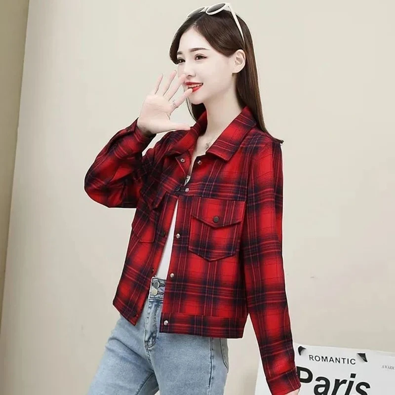 

Faionable Red Plaid irt Women's Long Sve ort Sle Spring Autumn Versatile Outerwear Anti-Aging Casual Ne