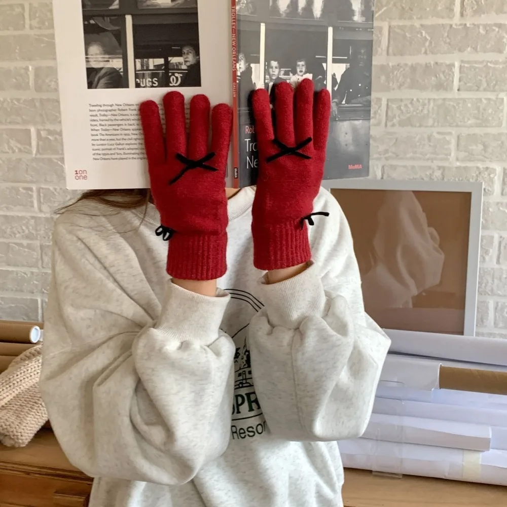 Guantes de punto con lazo para mujer, manoplas de invierno, a prueba de viento, Color sólido, a la moda