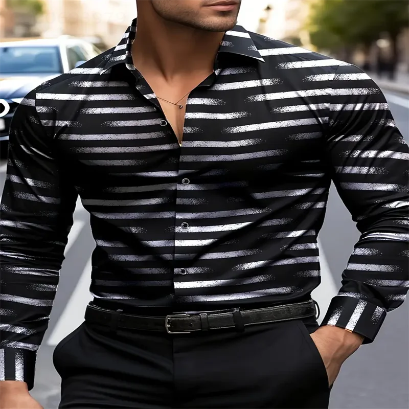 

Fashion Men's Long Sleeves Shirts Casual stripe patterns Shirt Autumn New Lapel Button Down Shirt No pocket Men's festival Shirt