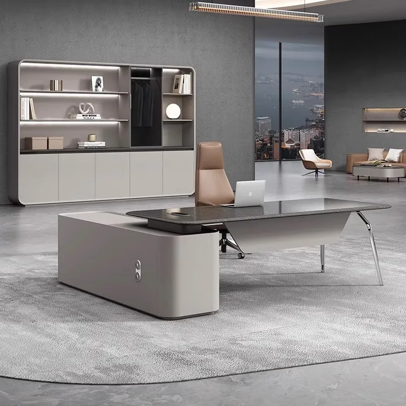 

High gloss paint sticker solid wood leather desk supervisor desk chair file cabinet combination