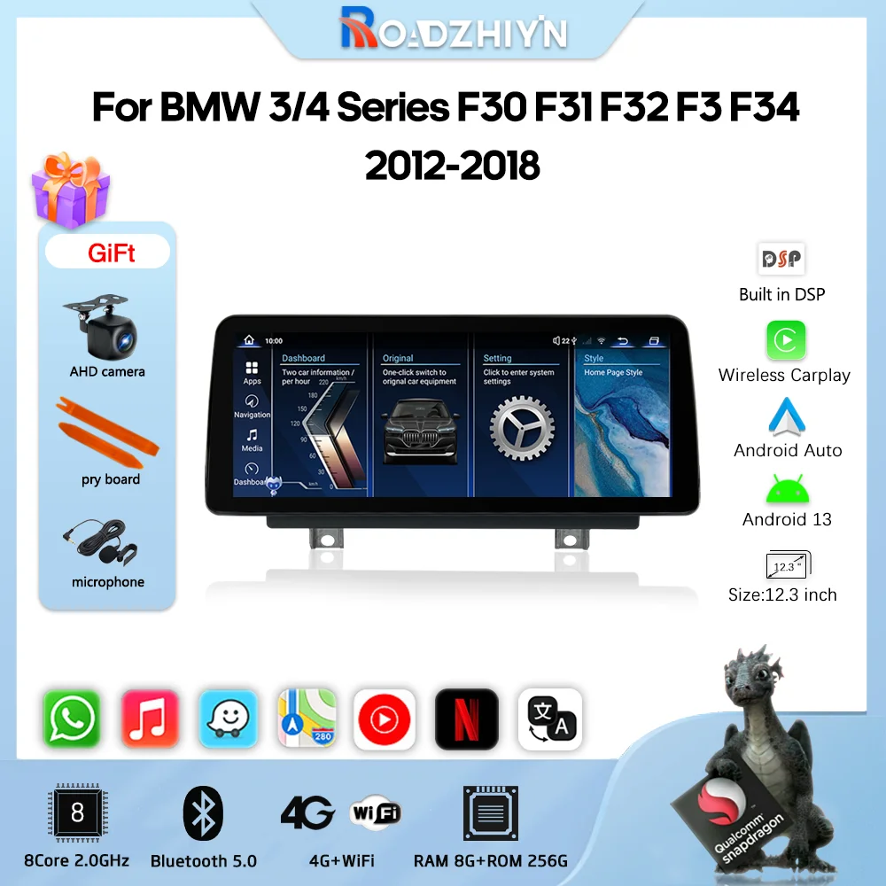 

Автомобильный мультимедийный видеоплеер 12,3 дюйма для BMW 3/4 Series F30 F31 F32 F3 F34 2012-2018 GPS навигация NBT EVO Android13 Авто Carplay