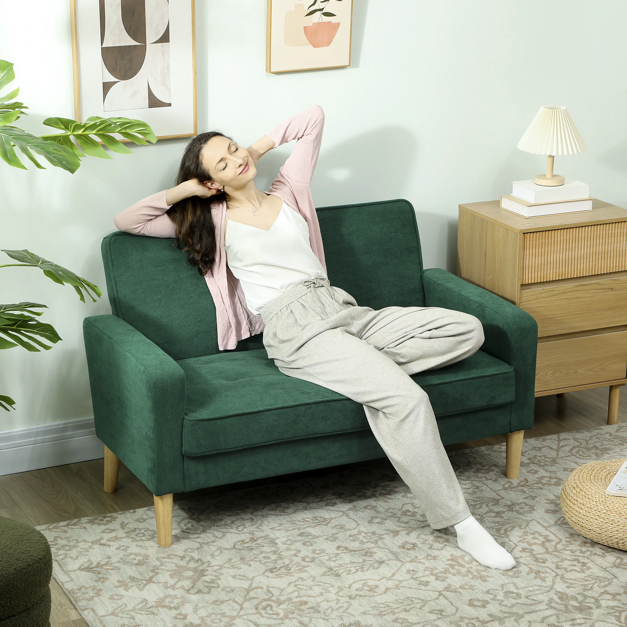 HOMCOM 2 Seater Sofa, Velvet-Feel Upholstered Loveseat for Small Space, Green