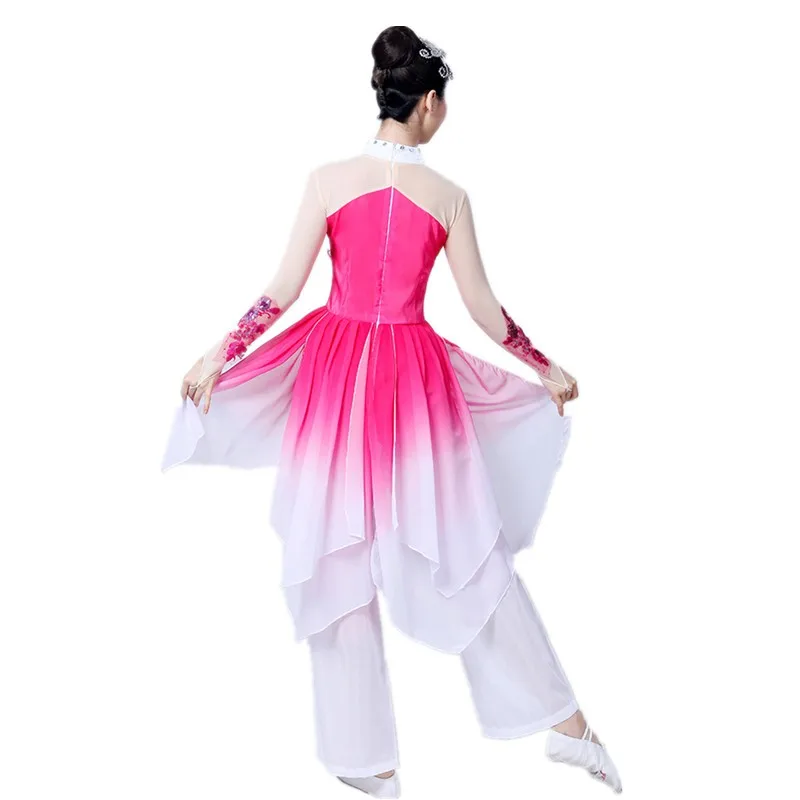 Traje de baile Yangko para mujer, ropa de bailarina de baile nacional chino, ropa Hanfu, paraguas de baile cuadrado elegante, traje de baile abanico