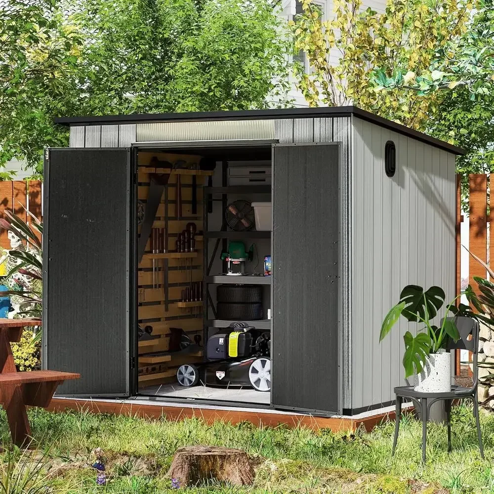 6x8 All-Weather Double-Wall Outdoor Storage Shed with Sloping Roof, Ideal for Garden, Lawn, Bike & Pool Equipment