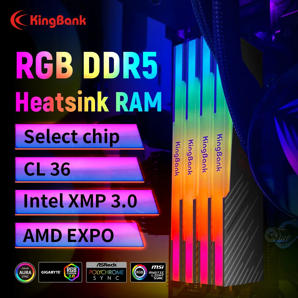 KingBank KRRB DDR5 RGB 16GB /16GBx2 6000MHz CL36 Desktop Computer Memory Select Chip CL36 1.35V PMIC Black Heatsink Memoria Ram